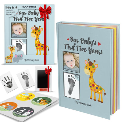 Novarena First 5 Years Baby Memory Book Journal Scrapbook 48 Pack Monthly Milestones Stickers & Clean-Touch Baby Safe Ink Pad