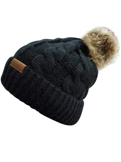 Novarena Thick Cable Knit Faux Fuzzy Fur Pom Fleece Lined Skull Cap Cuff Beanie