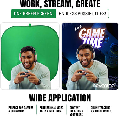 NOVARENA Green Screen Behind Chair Attachment Backdrop Kit – Portable Chroma Key for Streaming, Gaming, Video Calls, Virtual Background, Home Office, Photography – 5ft by 5ft, Reversible, Foldable
