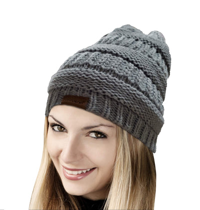 Novarena Thick Cable Knit Faux Fuzzy Fur Pom Fleece Lined Skull Cap Cuff Beanie