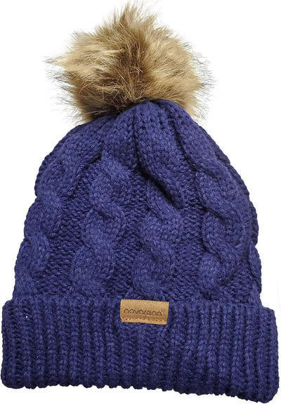 Novarena Thick Cable Knit Faux Fuzzy Fur Pom Fleece Lined Skull Cap Cuff Beanie