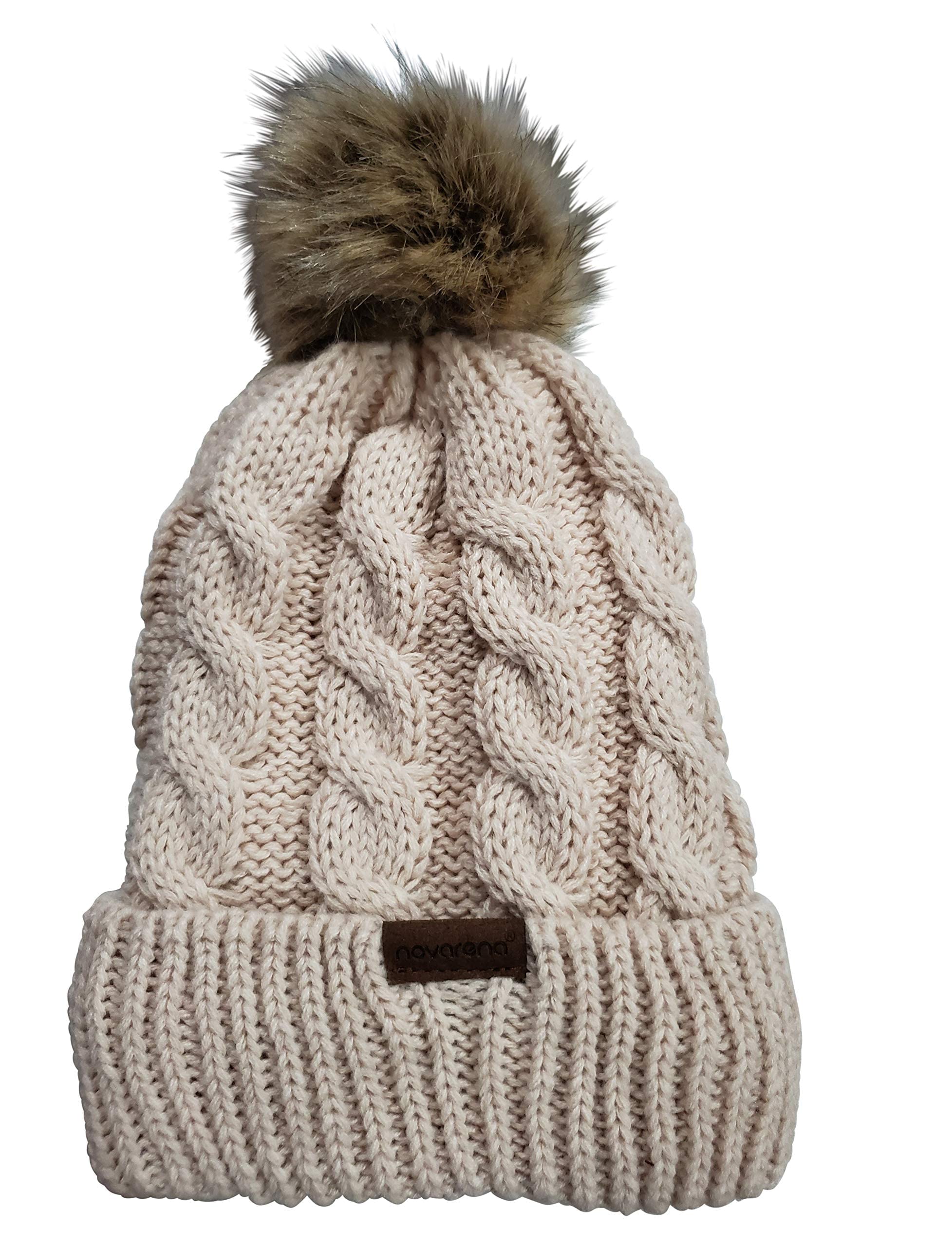 Novarena Thick Cable Knit Faux Fuzzy Fur Pom Fleece Lined Skull Cap Cuff Beanie