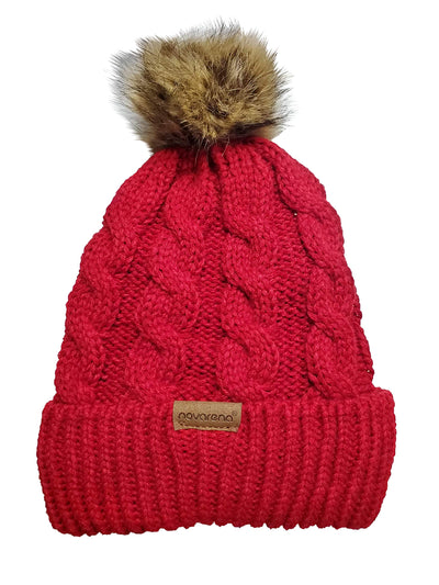 Novarena Thick Cable Knit Faux Fuzzy Fur Pom Fleece Lined Skull Cap Cuff Beanie